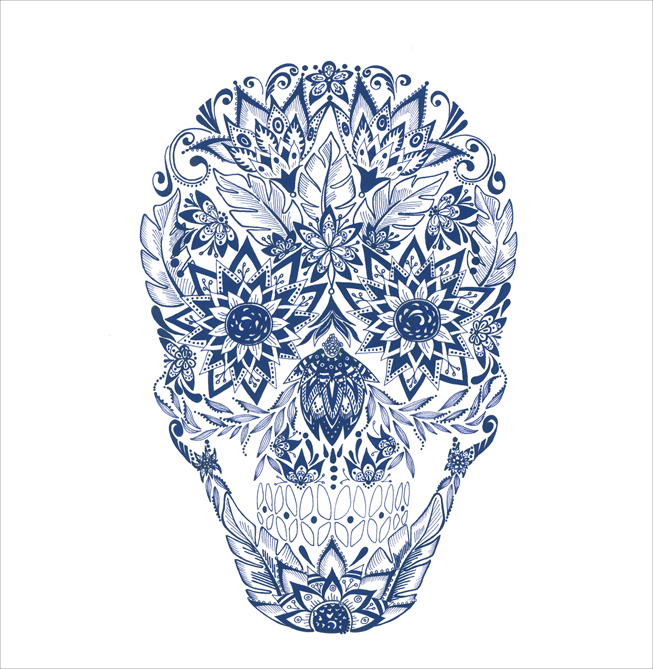 drawing, by catalina sedlak allround designer, art, stabilo point 88 fineliner on paper, blue flower skull