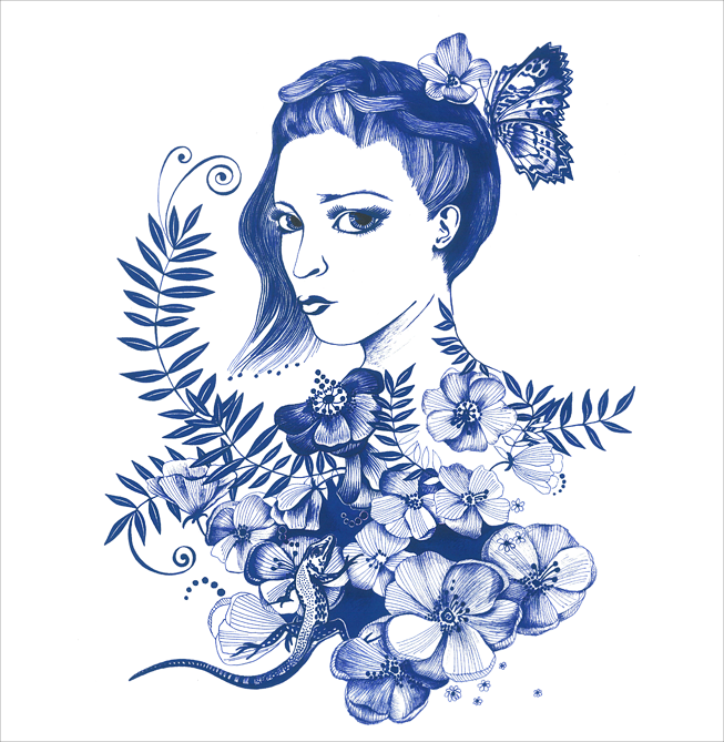 drawing, by catalina sedlak allround designer, art, stabilo point 88 fineliner on paper, lady with lizard, blue flowers