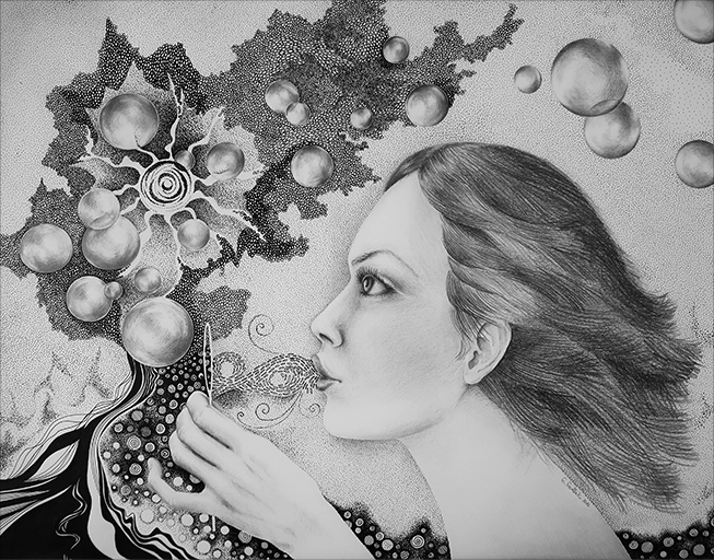drawing, by catalina sedlak allround designer, art, derwent graphite pencils and ink on paper, soap bubbles, lady